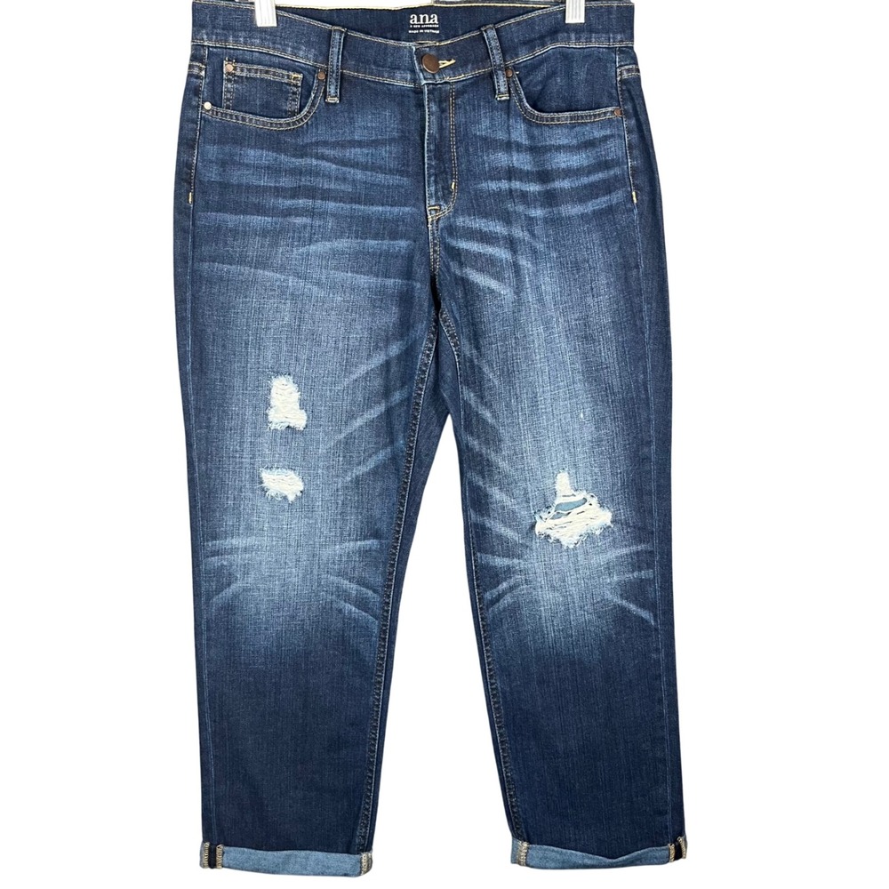 ana Skinny Boyfriend Crop Jeans Womens 8 Blue Distressed Dark Wash Denim